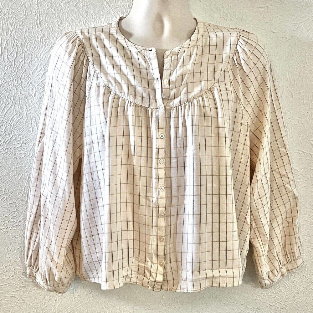 Madewell Women Windowpane Print Balloon-Sleeve Peasant Long Sleeve Top AF681 L